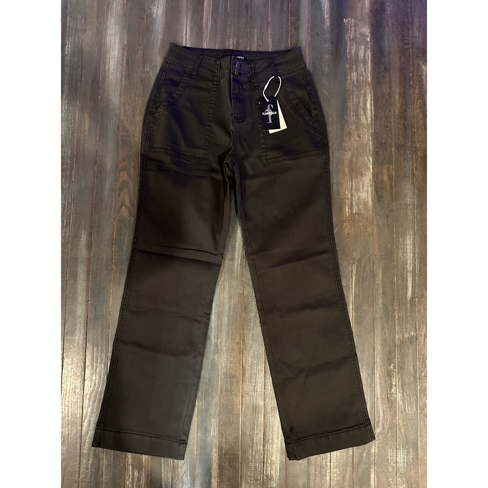 Flamingals Womens High Rise Utility Pants Straight Leg Pockets dark grey NEW